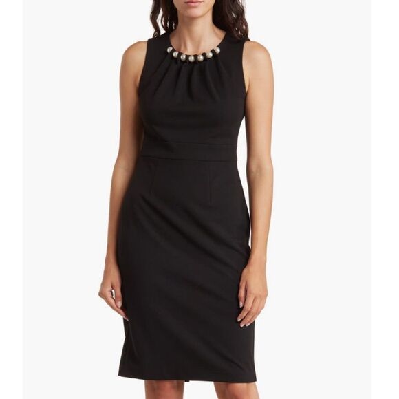 Eliza J Faux Pearl Sleeveless Shift Dress Classic Little Black Dress Size 12 NWT - Picture 2 of 5